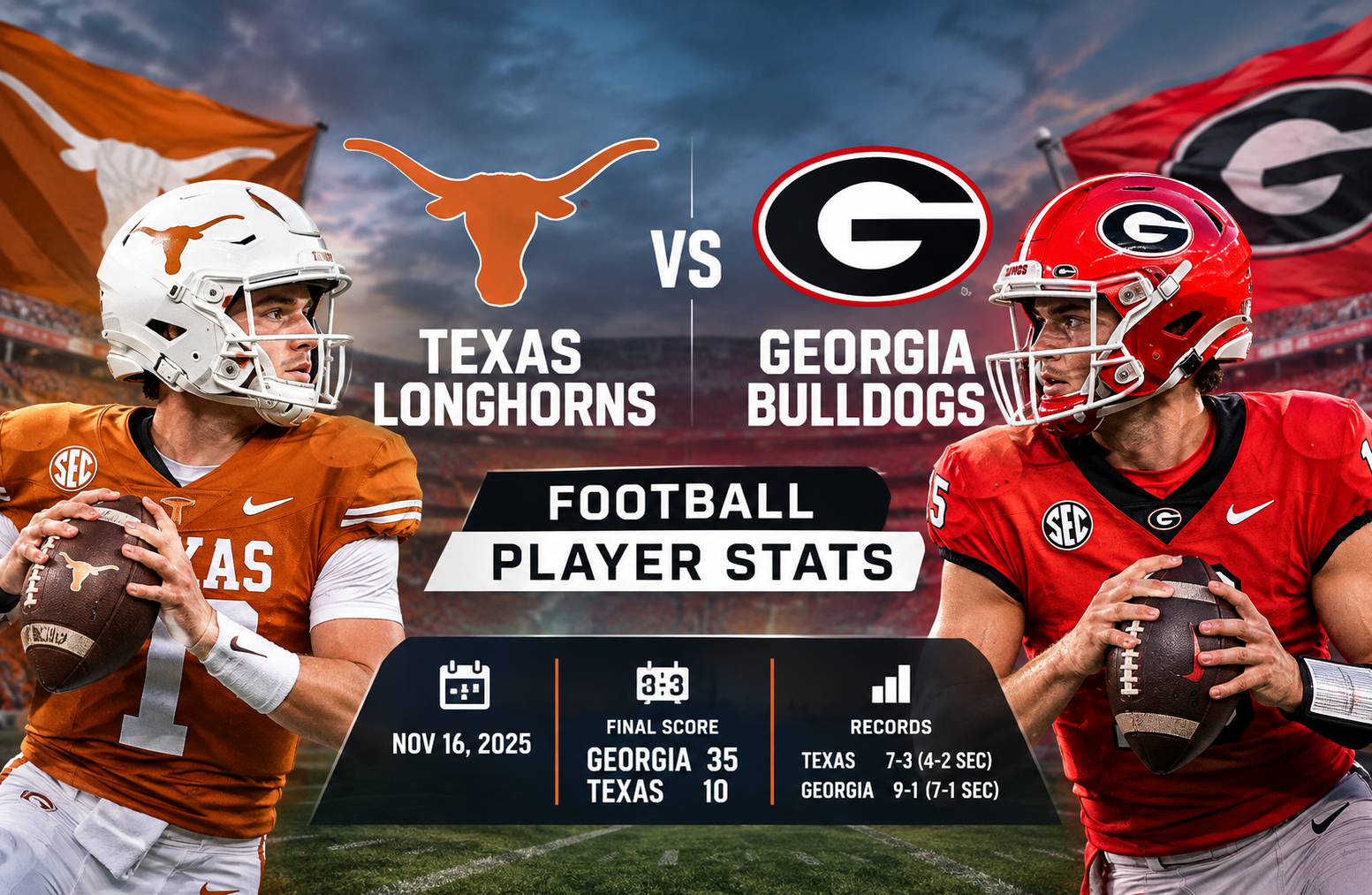 Texas longhorns football vs Georgia bulldogs football match player stats